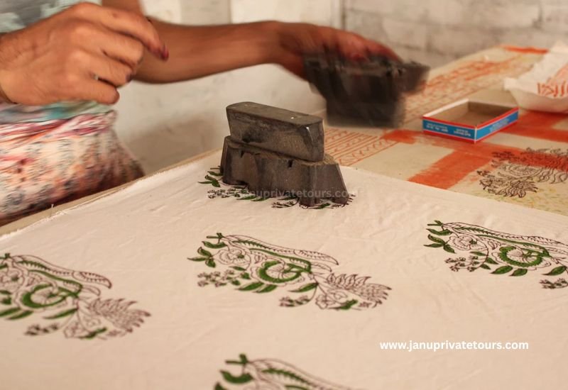 Master craftsman applying natural dyes with carved wooden blocks in Bagru near Jaipur